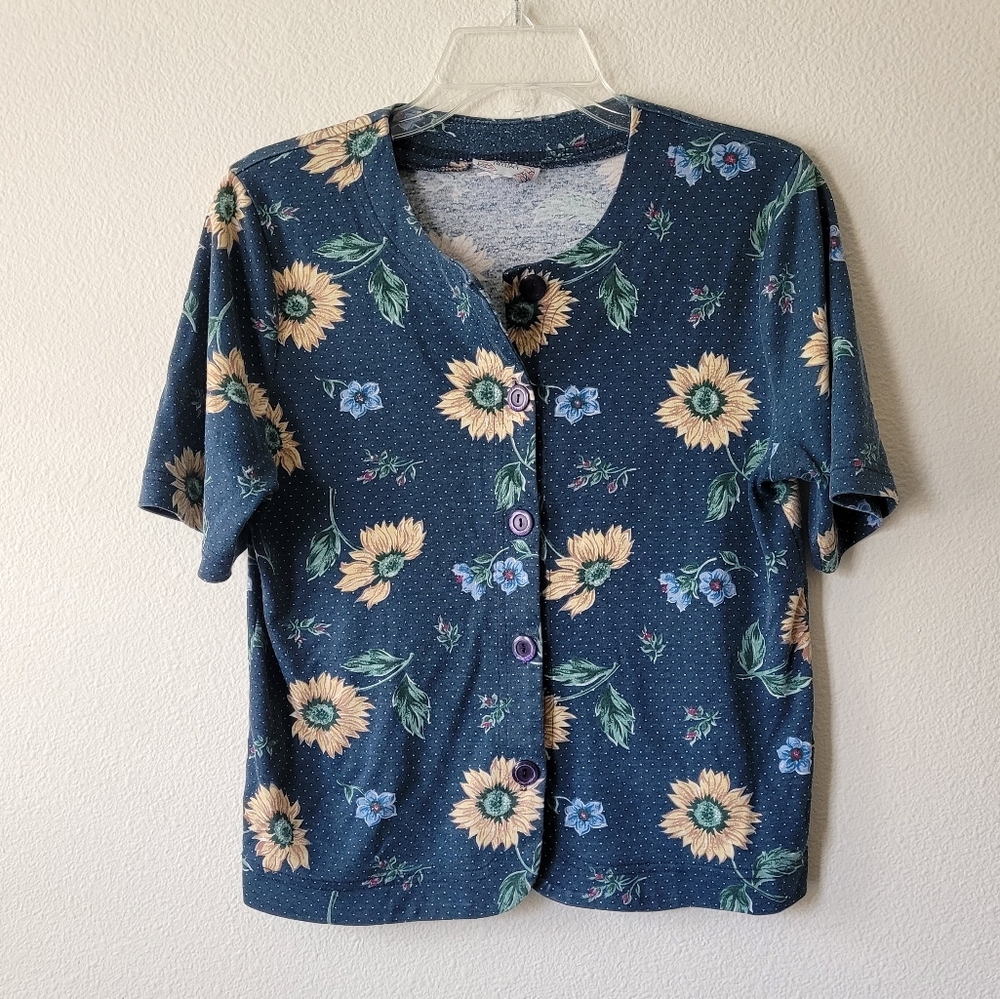 Ashly Brent Vintage Floral Button Up Sunflower Short Sleeve Shirt